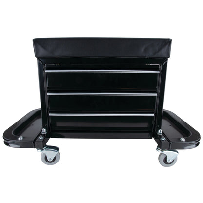 Performance Tool W85025 3-Drawer Rolling Tool Chest Seat with Magnetic Side Trays, 350 Lbs. Capacity, Rear Tray, Black