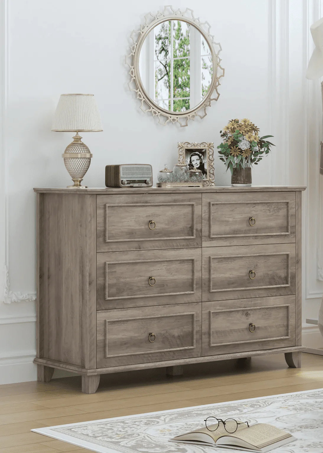 Homfa 6 Drawers Double Dresser, 47'' Wide Storage Cabinet Chest of Drawer for Bedroom Living Room, White