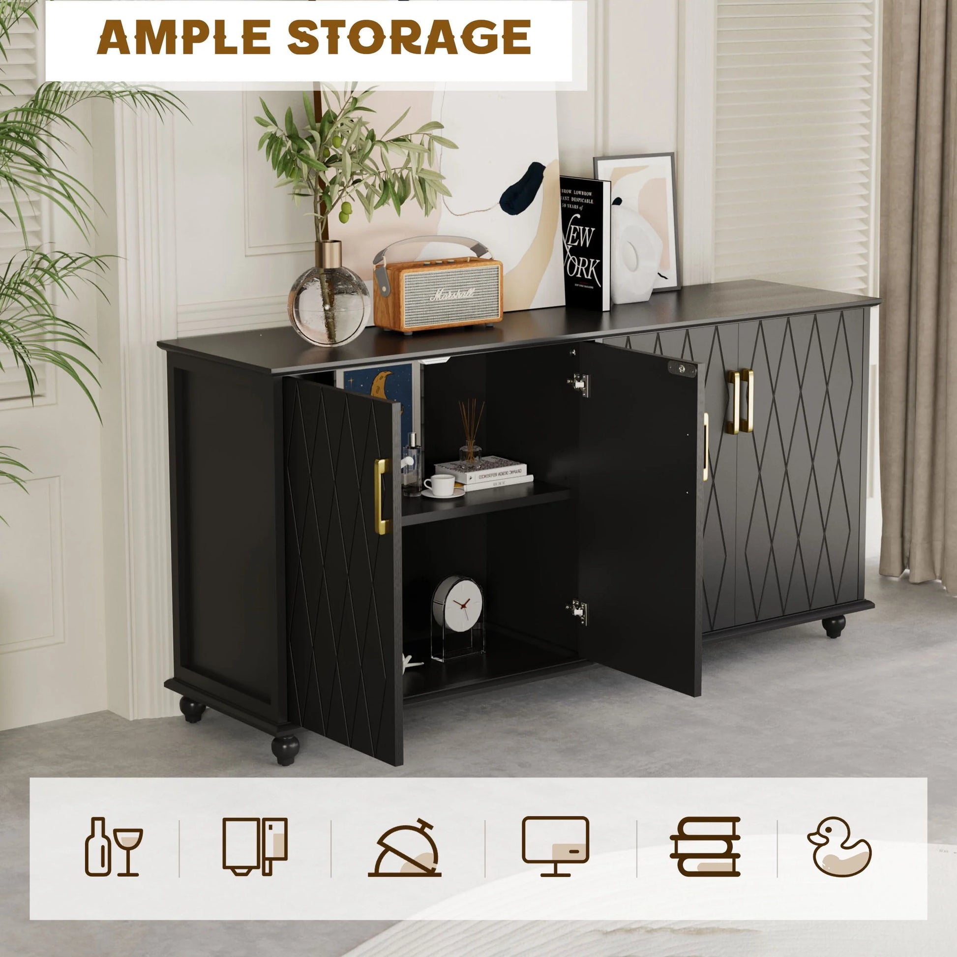 RULI Sideboard Buffet Cabinet Stand for Storage, 62 Inch Coffee Bar Cabinet with 4 Compartments, Kitchen Cupboard Console Table for Living Room, Dining Room, Black