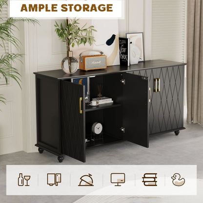 RULI Sideboard Buffet Cabinet Stand for Storage, 62 Inch Coffee Bar Cabinet with 4 Compartments, Kitchen Cupboard Console Table for Living Room, Dining Room, Black