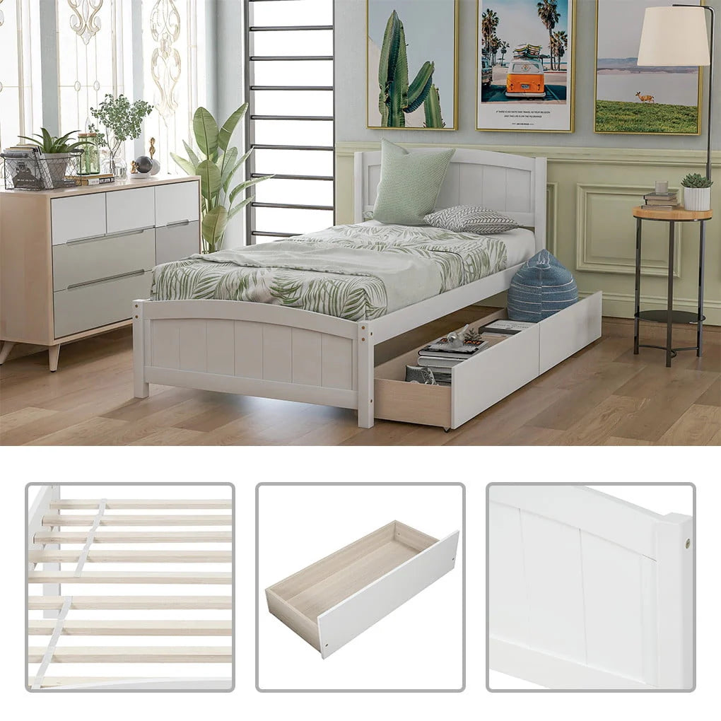 Irene Inevent Bed Frame Wooden Mattress Foundation 2 Storage Drawers Headboard Platform Bed for Bedroom, White