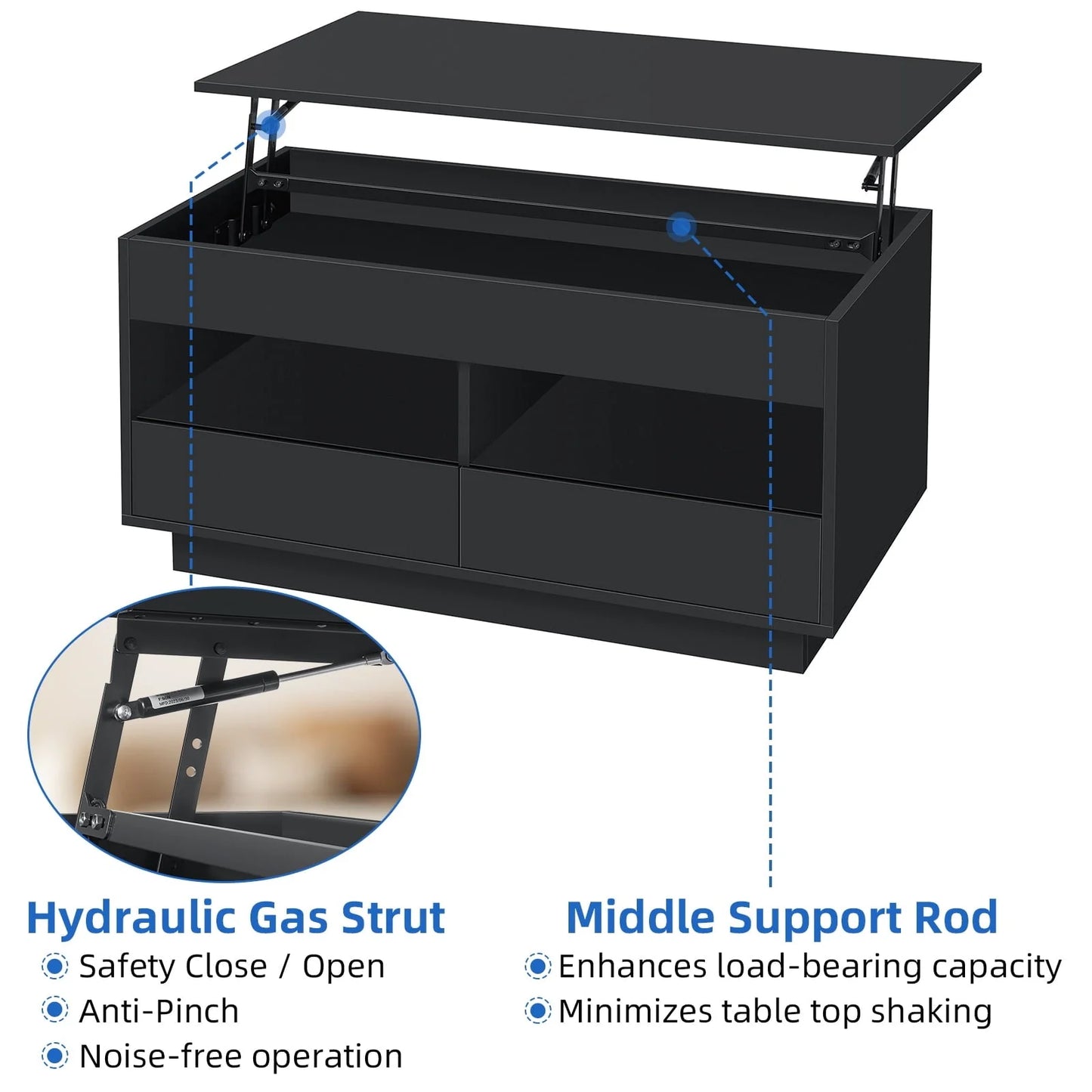 Hommpa Lift Top Coffee Table with 2 Drawers High Gloss Rectangle Black Coffee Table with LED Lights and Hidden Storage for Living Room Home Office Center Cocktail Tables 25.19" Height