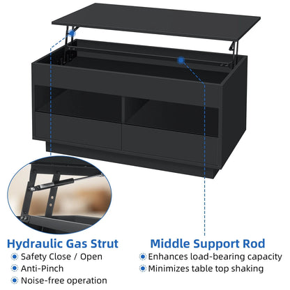 Hommpa Lift Top Coffee Table with 2 Drawers High Gloss Rectangle Black Coffee Table with LED Lights and Hidden Storage for Living Room Home Office Center Cocktail Tables 25.19" Height