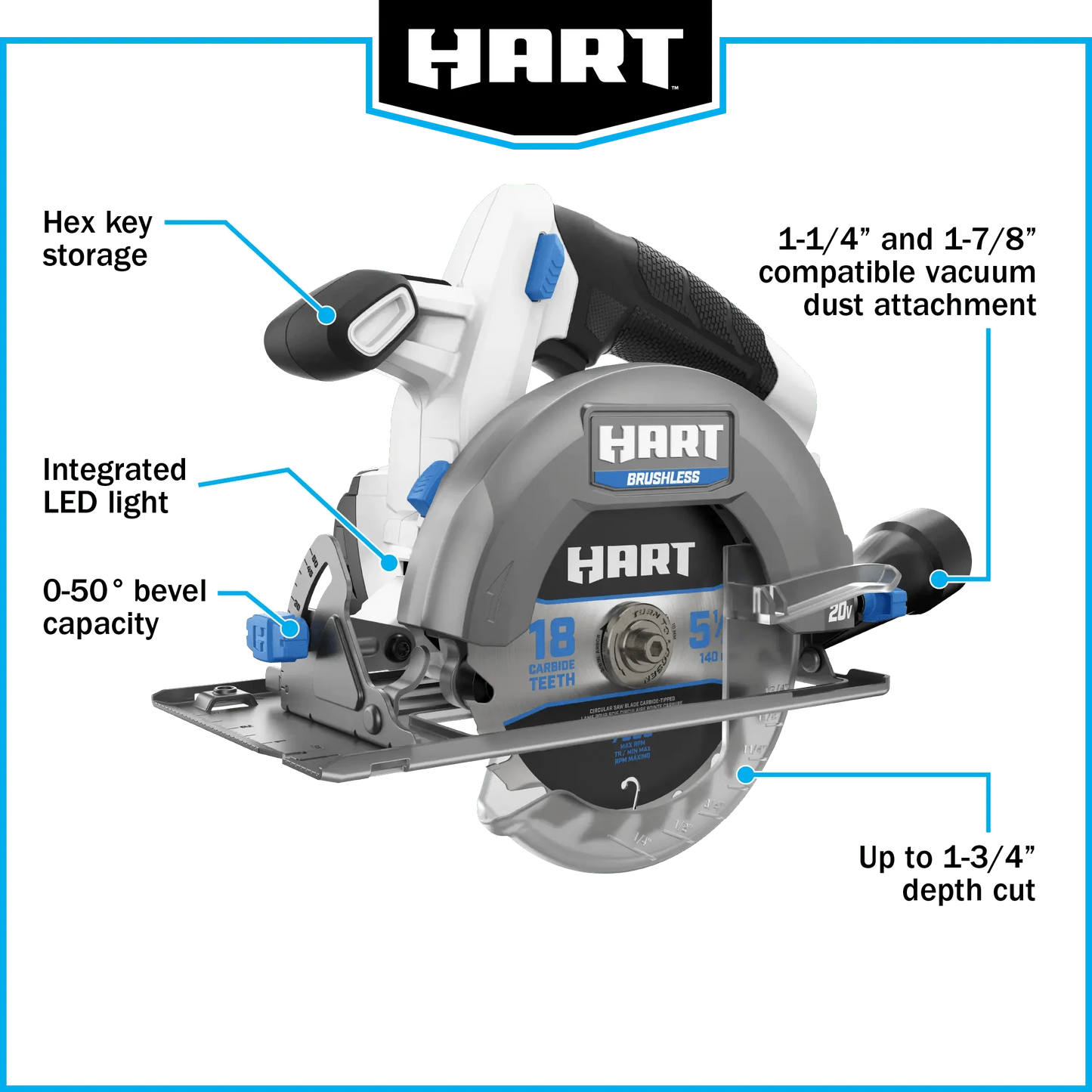HART 20-Volt Brushless 5-1/2-inch Compact Battery-Powered Circular Saw (Battery Not Included) New Condition