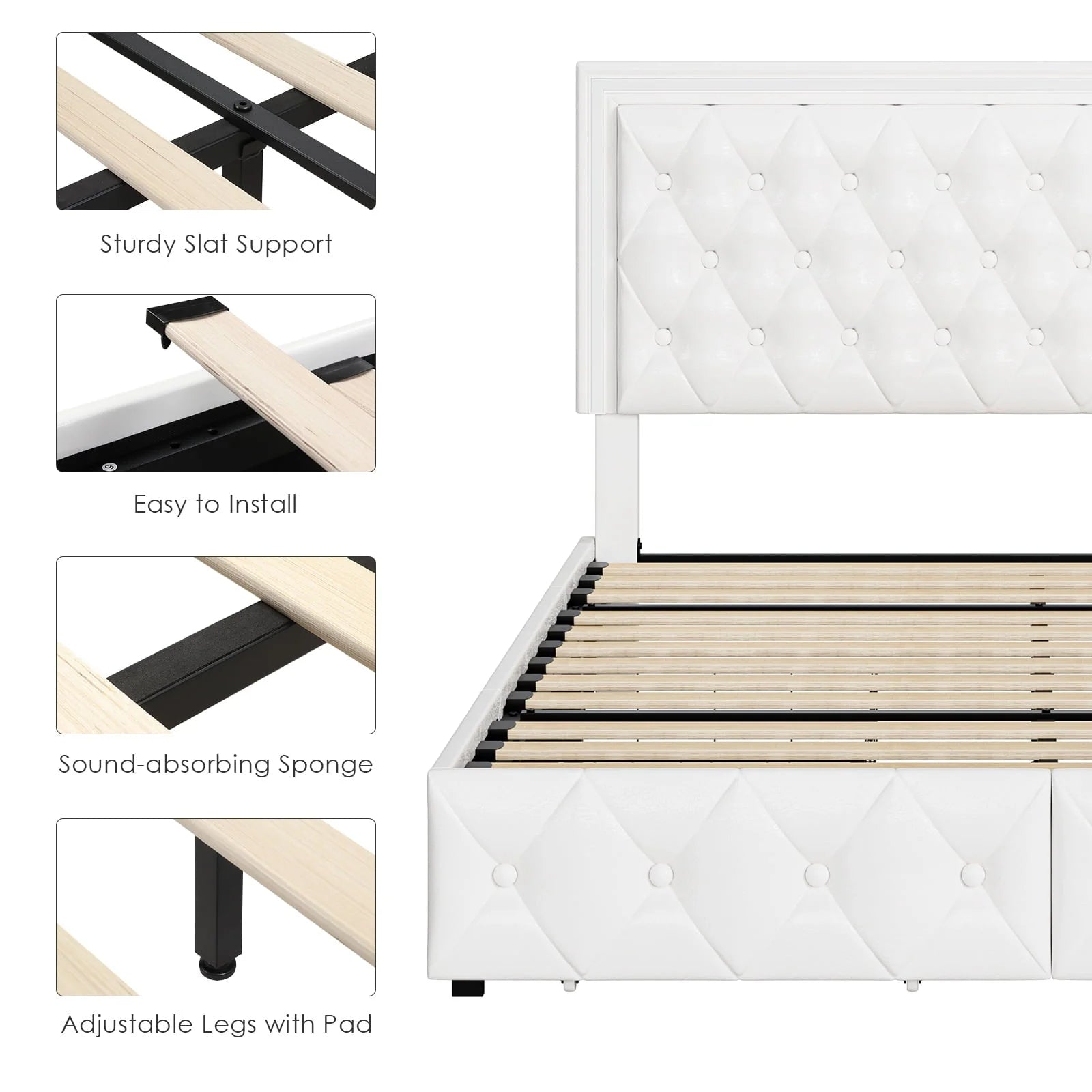 Homfa Queen LED Bed, 9 Colors LED Lights Platform Bed Frame with 4 Storage Drawers, Adjustable Upholstered Headboard with Button Tufted, PU White