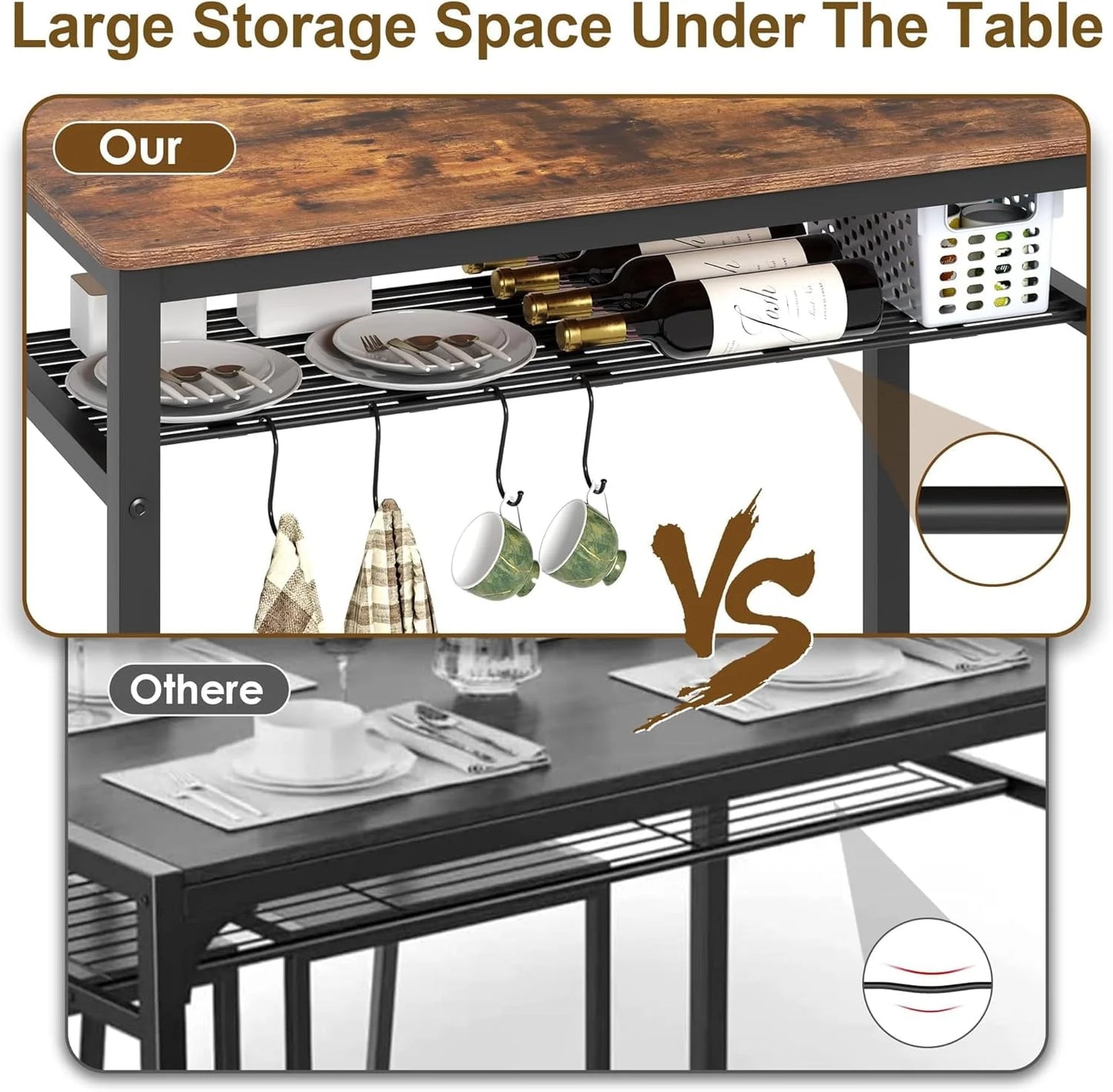 Winkalon Dining Table Set for 4,Wooden Kitchen Table Set with Storage Rack,1 Bench & 2 Chairs,Brown