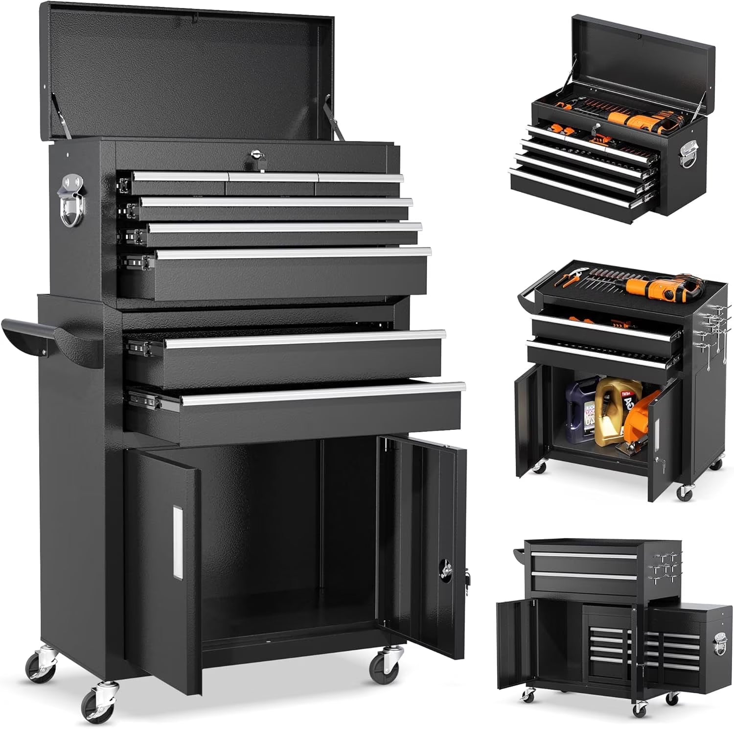 SUNCROWN 2-IN-1 Tool Chest, 8-Drawer Rolling Tool Chest with Hooks and Lockable Wheels,Metal Storage Detachable Top Tool Box with Lockable Wheels for Garage, Workshop, Art Studio(Black)