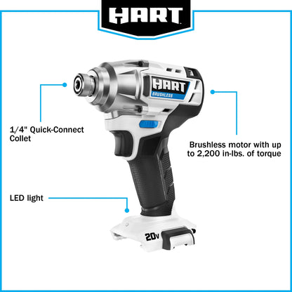HART 20-Volt Cordless Brushless Impact Driver Kit, Gen 2, 1/4" Hex Collet