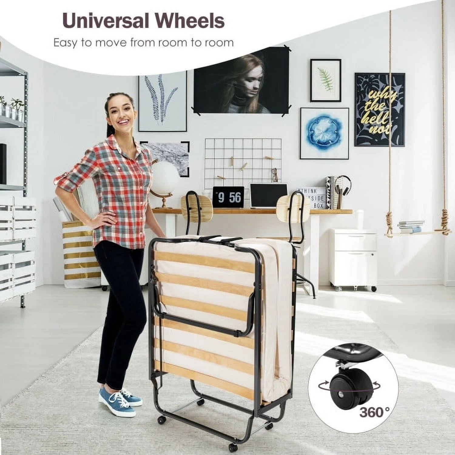 Folding Rollaway Bed, Metal Frame Bed Storage Cover Included, Portable Foldable Guest Bed for Adults, Cot Size Fold up Bed with Memory Foam Mattress on Wheels 76.5" x 31.5" x 16"