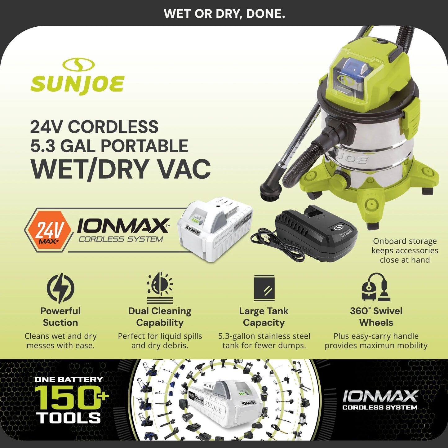 Sun Joe 24V Cordless Stainless Steel Wet or Dry Vacuum Kit, 5.3 Gallon, Green, 24V-WDV6000