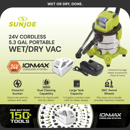 Sun Joe 24V Cordless Stainless Steel Wet or Dry Vacuum Kit, 5.3 Gallon, Green, 24V-WDV6000