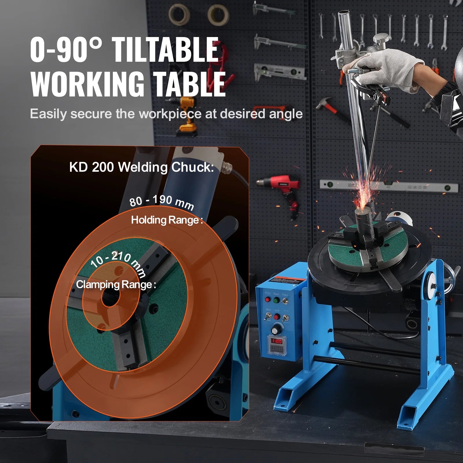 KFFKFF Rotational Welding Stand 50KG, Adjustable 0-90? Welding Turntable 0.5-6RPM 120W, Equipped with 12.4 Inch 3-Jaw Lathe Chuck & Welding Torch Support for Cutting, Grinding, Assembly, Testing