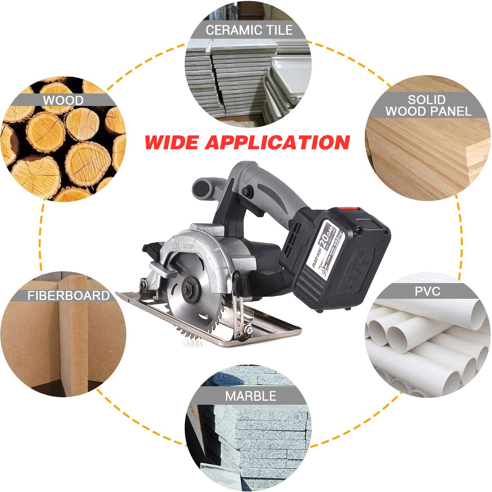 NANWEI Circular Saw Electric Saw 21V 7800RPM Cordless Brushless Tile Saw 45 Degree Adjustable Bevel Cutting with 110mm Blade