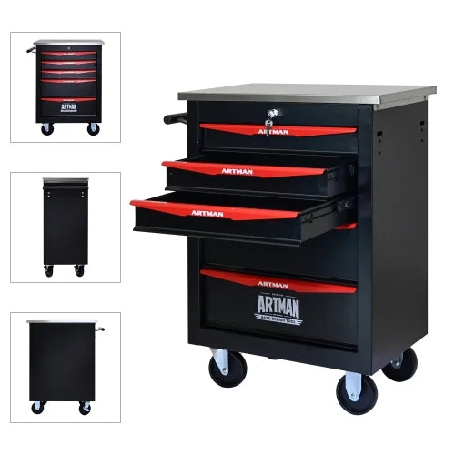 POVANLI 5 Drawer Portable Tool Box With Wheels,Tool Chest With Key Locking Tool Boxes/Organizers Black& Red