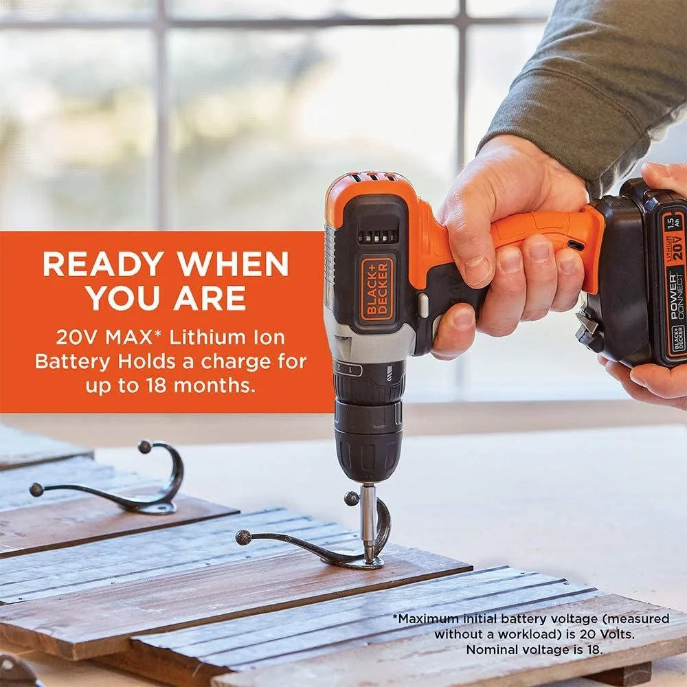 BLACK+DECKER 20V, Battery Hex Chuck Drill Driver, 2Ah, 64 Piece