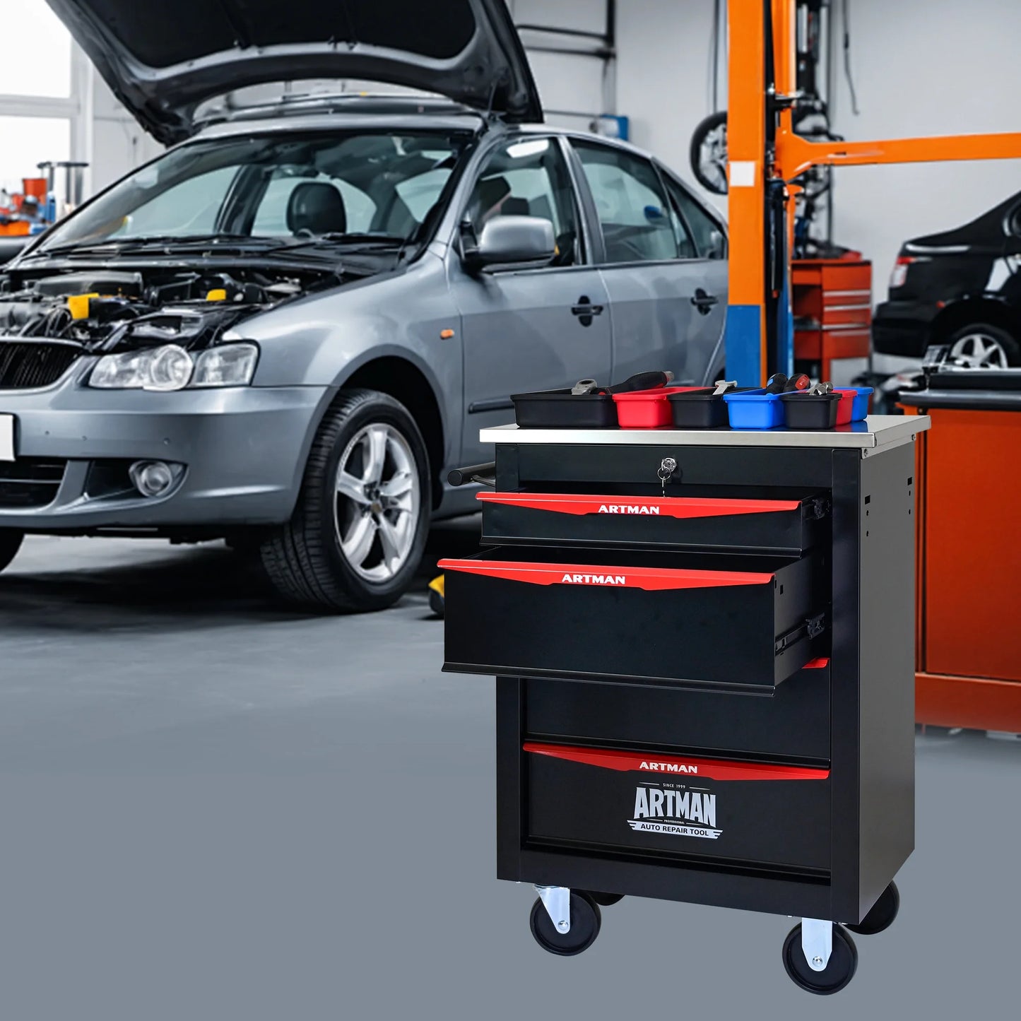 JXXRZ 4-Drawer Rolling Tool Cart with Wheels, Stainless Steel Top & Lock for Garage Workshop, Black& Red