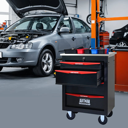 JXXRZ 4-Drawer Rolling Tool Cart with Wheels, Stainless Steel Top & Lock for Garage Workshop, Black& Red