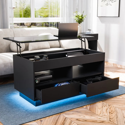 Hommpa Lift Top Coffee Table with 2 Drawers High Gloss Rectangle Black Coffee Table with LED Lights and Hidden Storage for Living Room Home Office Center Cocktail Tables 25.19" Height