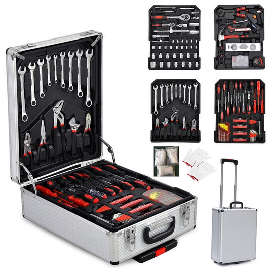 799 Pieces Professional Mechanics Hand Tool Set, Mobile Tool box on Wheels W/Ratchets& Socket, Screwdriver, Tongs, 4-layer Tool Case & Tool Kit, Silver