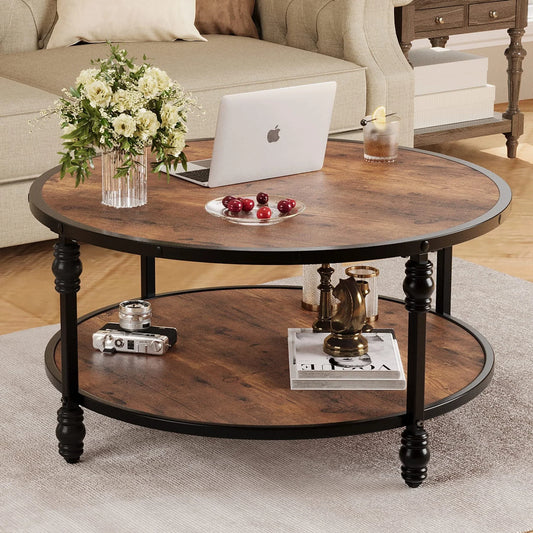 Round Coffee Table with Storage Shelf, Brown Wood 2 Tier Center Table with Metal Leg