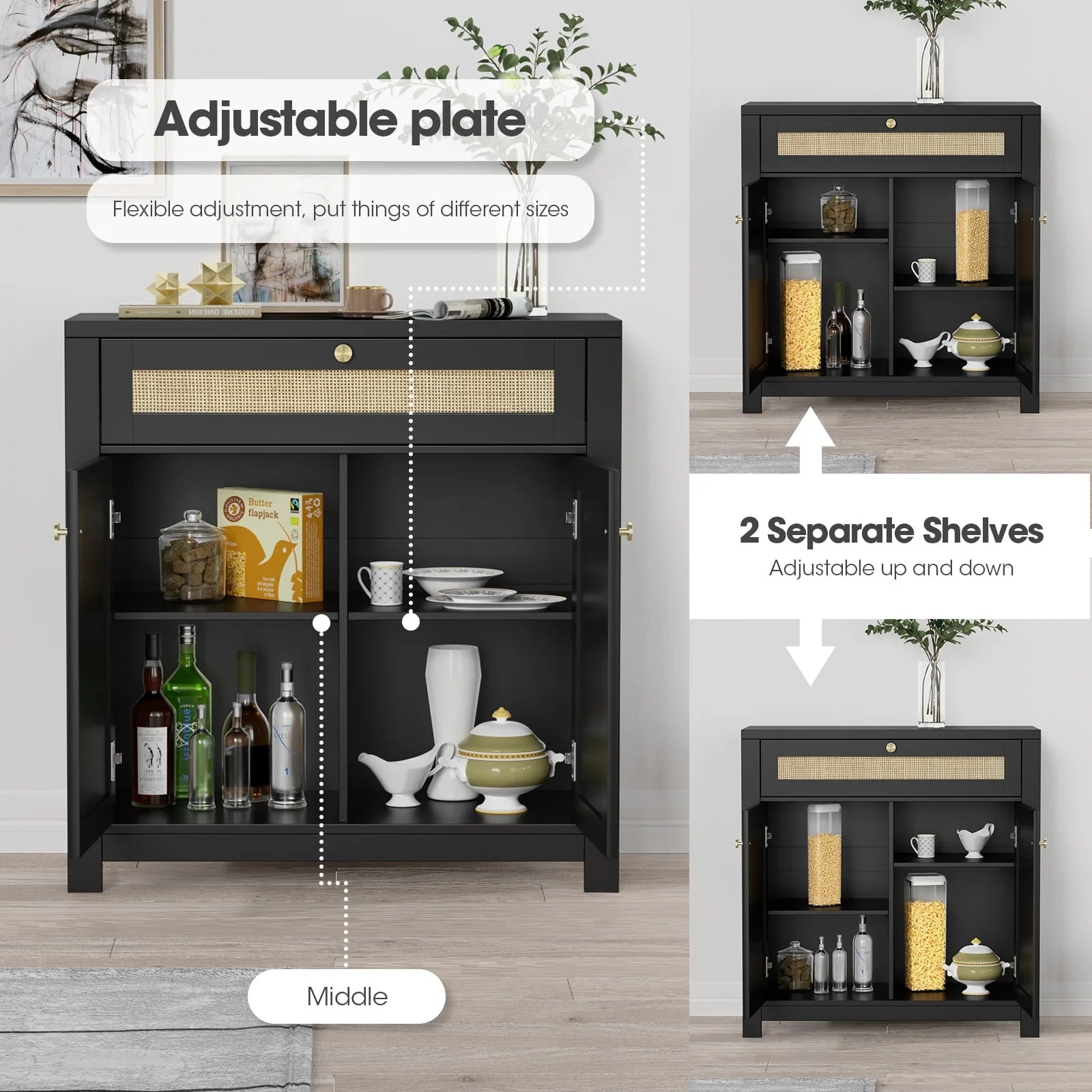 Eumyviv Black Sideboard Buffet Storage Cabinet with Door and Drawer, Natural Rattan Kitchen Accent Storage Cabinet Free Standing, Black H0085