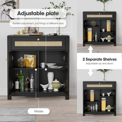 Eumyviv Black Sideboard Buffet Storage Cabinet with Door and Drawer, Natural Rattan Kitchen Accent Storage Cabinet Free Standing, Black H0085
