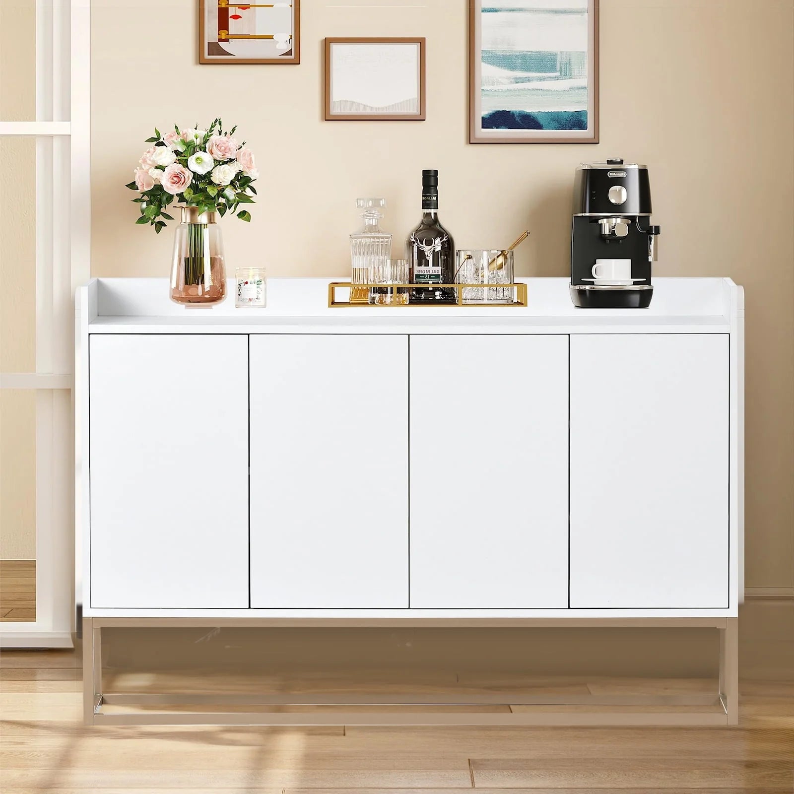 Storage Cabinet, Farmhouse Buffet Sideboard, Buffet Cabinet, Storage Cabinet with 4 Rattan Doors and Adjustable Shelves, Heavy Duty Cabinet Furniture for Living Room Kitchen Dining Room, White