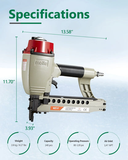 meite N851F Pneumatic Staple Gun 16 Gauge 7/16" Crown Sequential Nailing, Uses 16 GA 7/16-Inch Staples (1-Inch to 2-Inch)