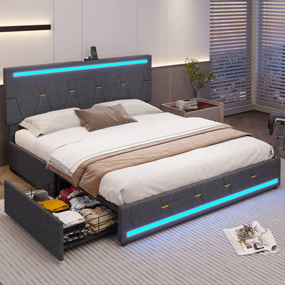 Tiptiper Queen Size Bed Frame with 2 USB Charging Station, Upholstered LED Bed Frame with 4 Drawers, Platform Storage Bed with LED Lights Headboard & Footboard, No Box Spring Needed, Dark Gray