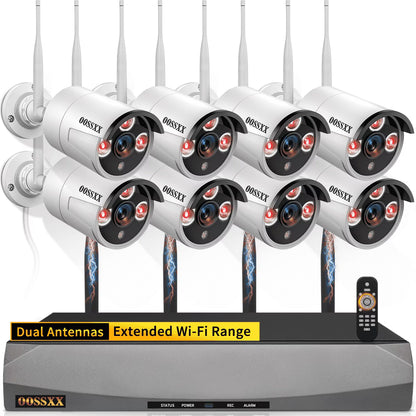 OOSSXX Dual Antennas Wireless Security Camera System, 4 Wireless Cameras for Outdoors with 2TB Hard Drive with AI Human Detected