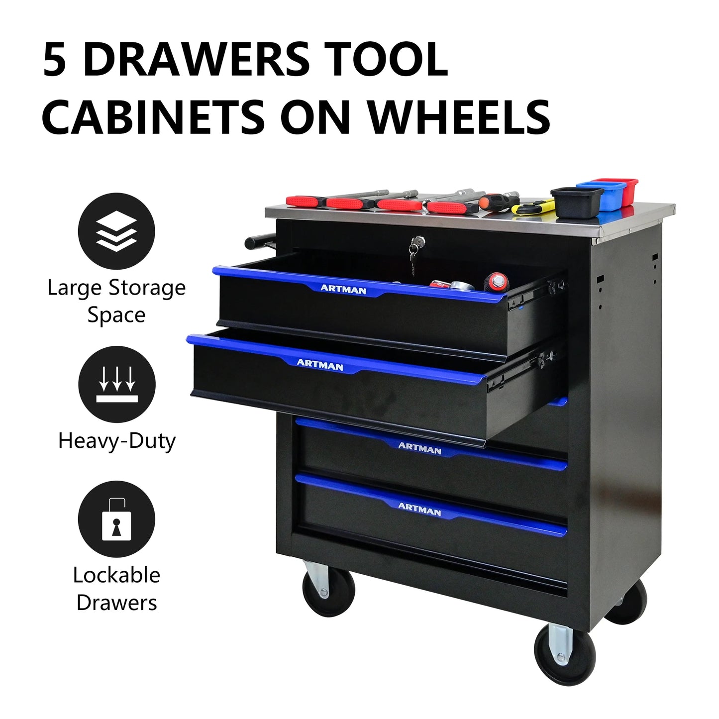 Olurrisa Rolling Steel Tool Chest, 5-Drawer Tool Storage Cabinet with Hanging Holes, Central Keyed Locking System, Lockable Wheels, Tool Organizer Box for Garage & Repair Shop