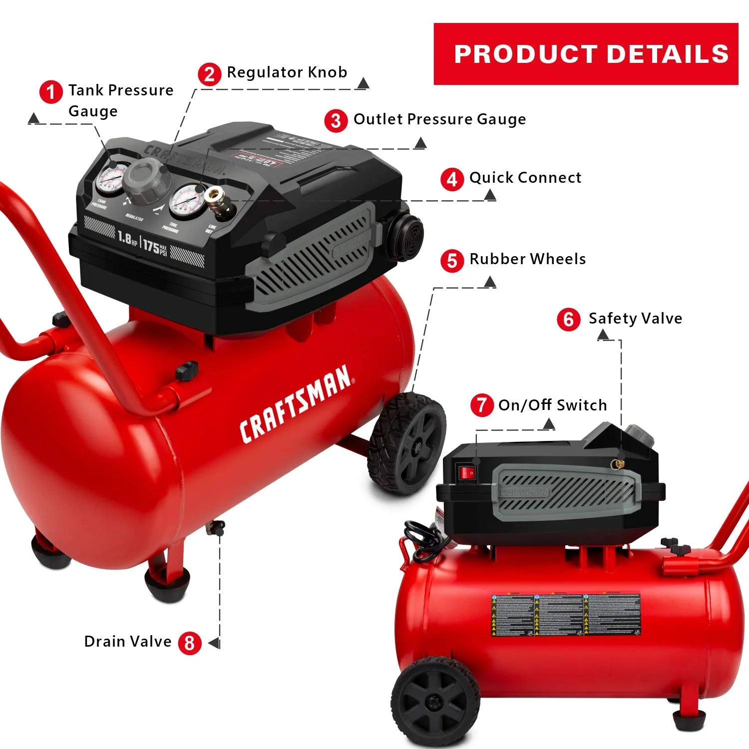 Crafstman CMXECXA0201041 Red 1.8 HP 175 PSI 90 PSI Portable Air Compressor 10 gal