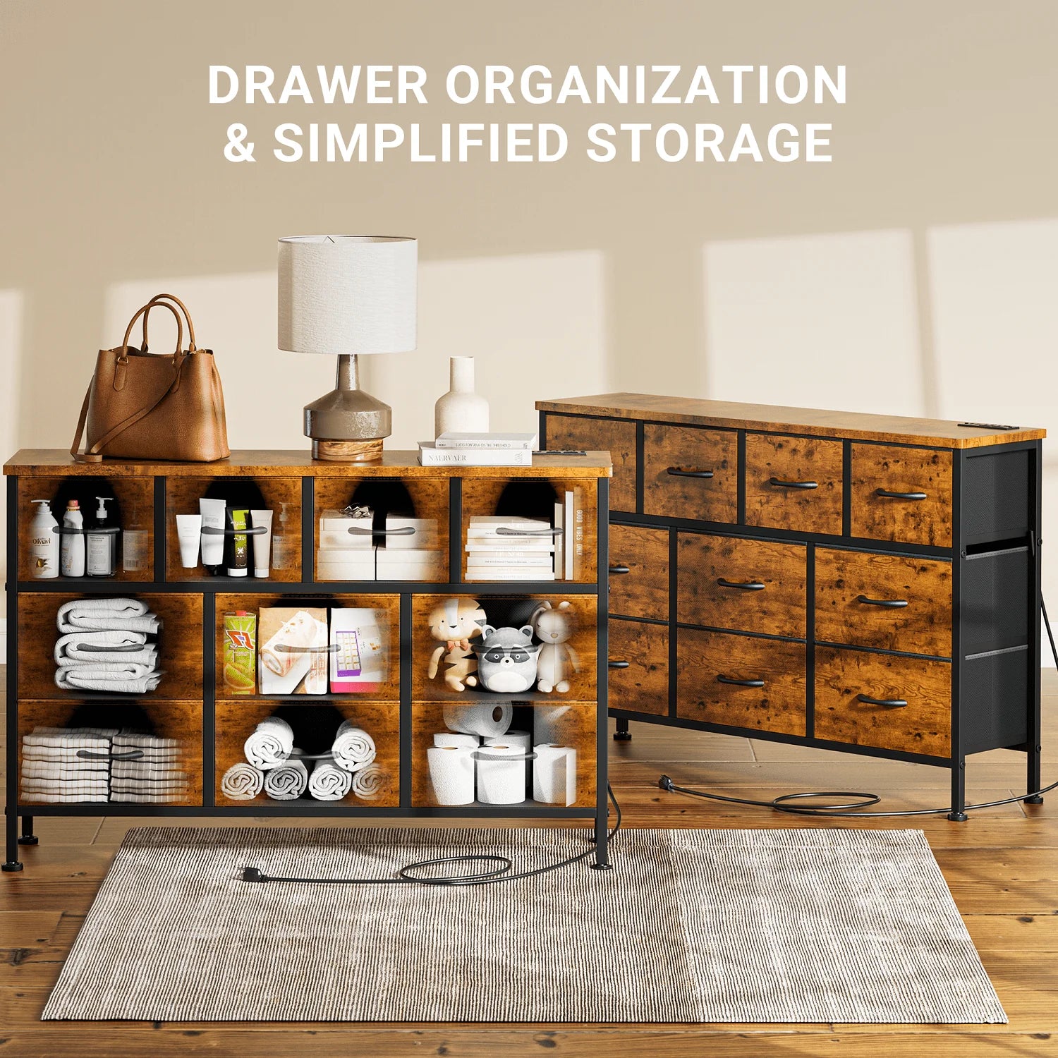 GIKPAL Dresser TV Stand, 10 Drawer Dresser for Bedroom with Power Outlet, Chest of Drawers for 55" Long TV, Fabric Dresser for Storage and Organization, Brown