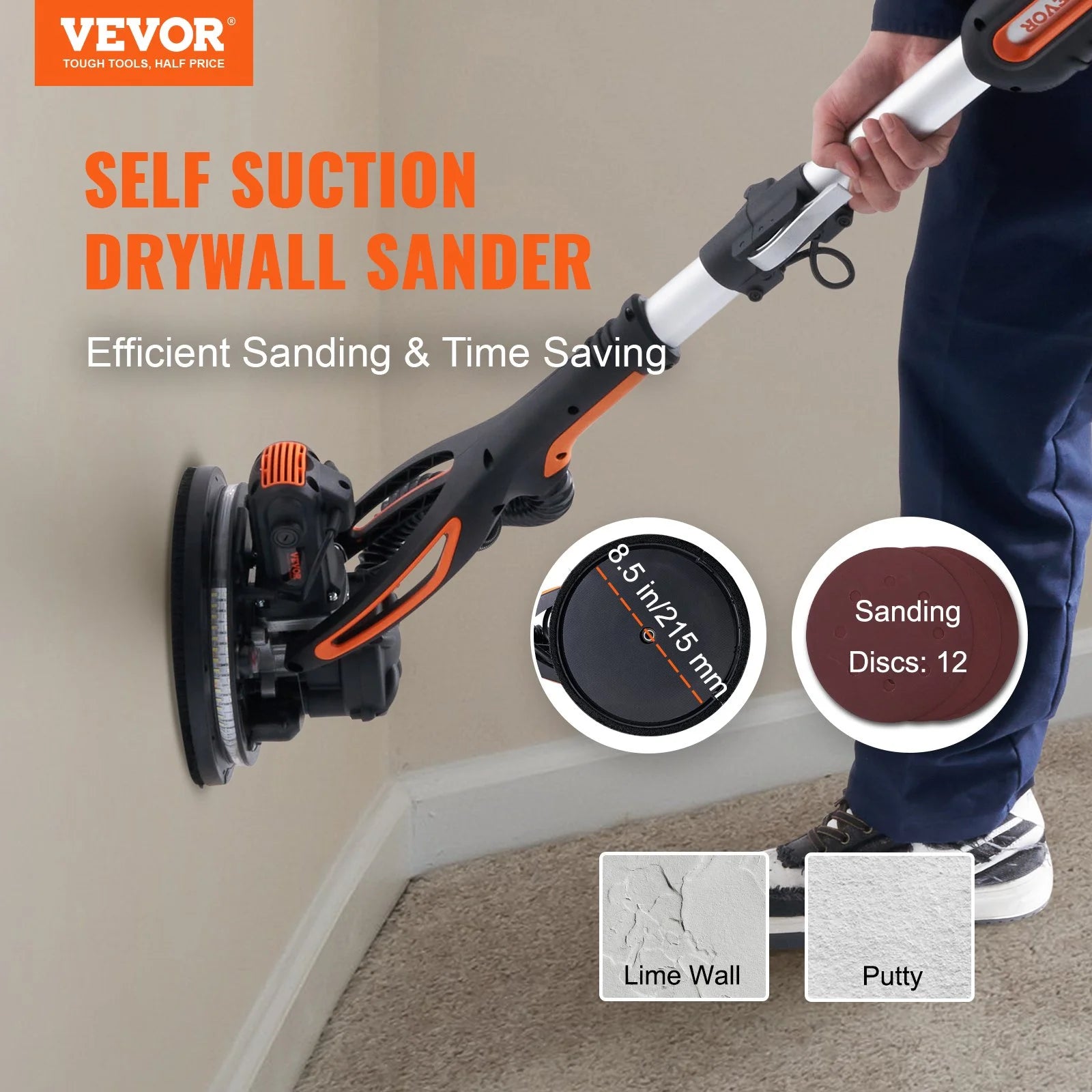 VEVOR 900W Drywall Sander Variable Speed 800 to 1800RPM, Self Suction