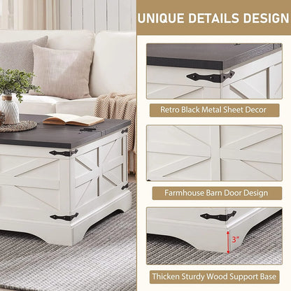 T4TREAM Farmhouse Square Wood Center Coffee Table with Lift Top and Storage for Living Room, White