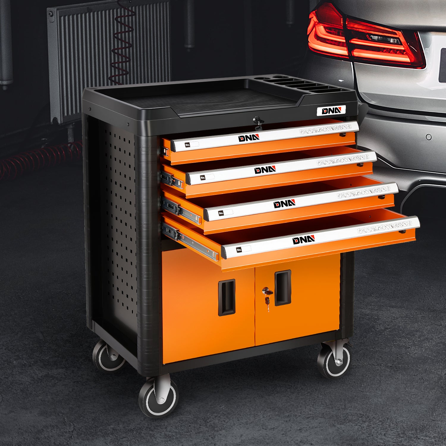 DNA Motoring TOOLS-00402 4 Drawer Garage Warehouse Workshop Divider Top Tray Rolling Cabinet Chest With Swivel Casters Orange
