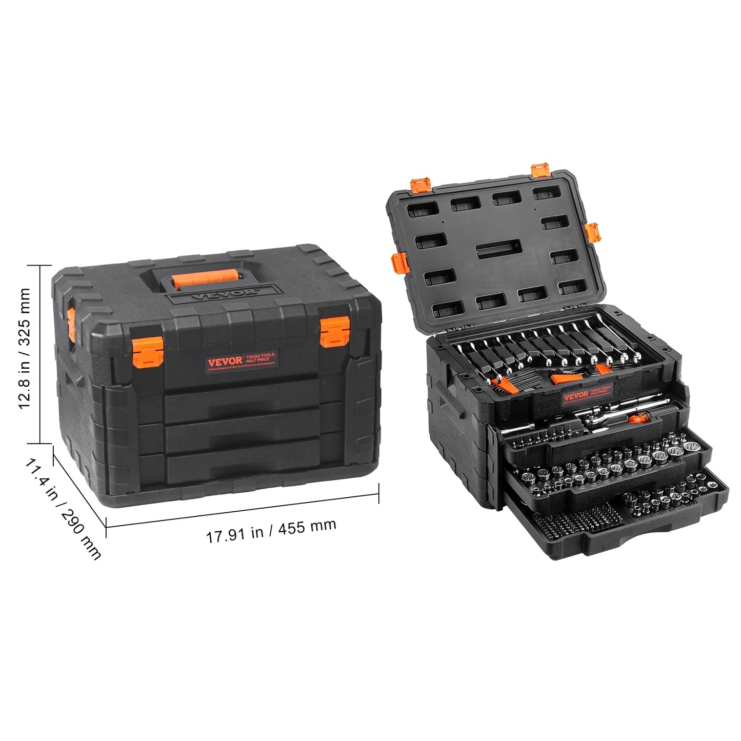 VEVOR Mechanics Tool Set and Socket Set, 1/4" 3/8" 1/2" Drive Deep and Standard Sockets, 450 Pcs SAE and Metric Mechanic Tool Kit with Bits, Hex Wrenches, Combination Wrench,Accessories,Storage Case