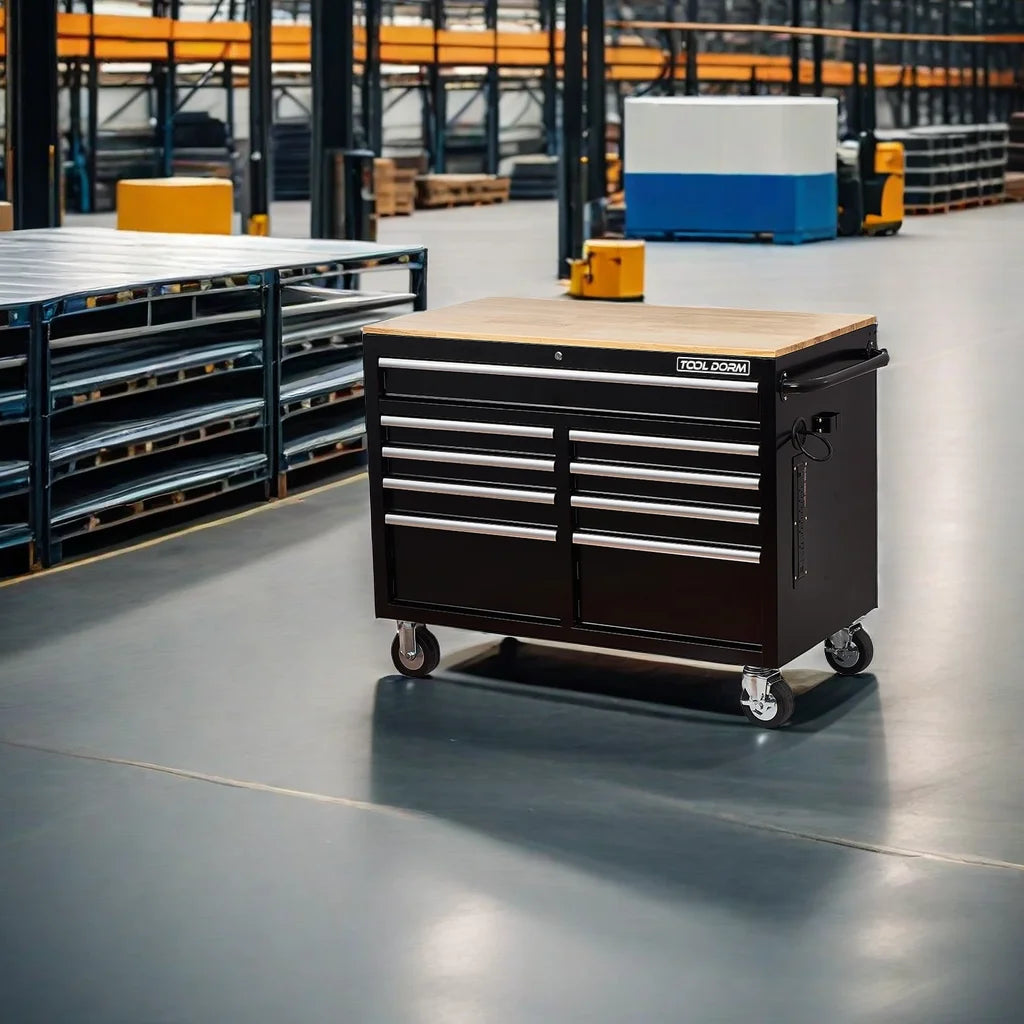 Rolling Tool Chest Extra-Deep 46In 9-Drawers, Mobile Tool Storage Cabinet/Work Bench with Wooden Top/Power Strip, Equipped with Casters, Handle, Liner, and Locking System, 1200 lbs Capacity