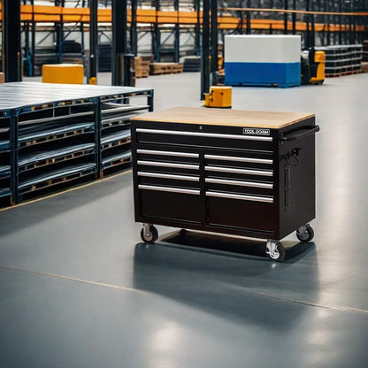 Rolling Tool Chest Extra-Deep 46In 9-Drawers, Mobile Tool Storage Cabinet/Work Bench with Wooden Top/Power Strip, Equipped with Casters, Handle, Liner, and Locking System, 1200 lbs Capacity