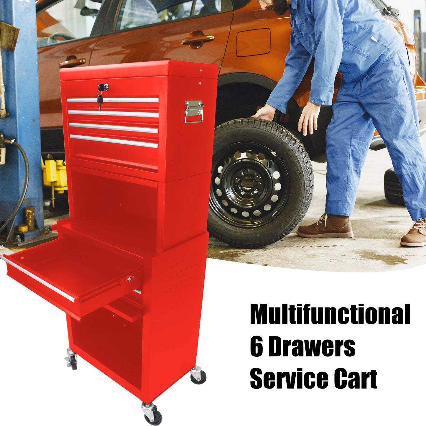 6 Drawer Rolling Tool Cabinet with 4 Wheels, Removable Metal Tool Chest Organizer with Secure Locking System