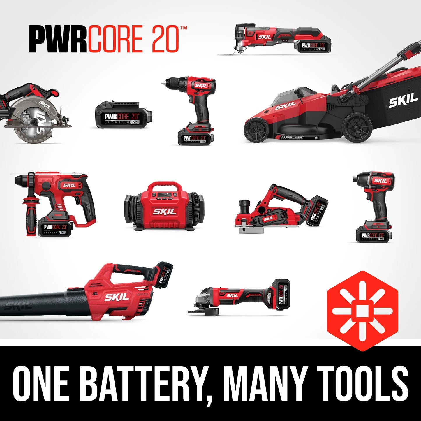 SKIL CB739601 PWR CORE 20V 4 Tool Combo Kit, Drill Driver, Impact, Drive, Recip Saw, and Spot Light, with two 2.0Ah Batteries and Charger