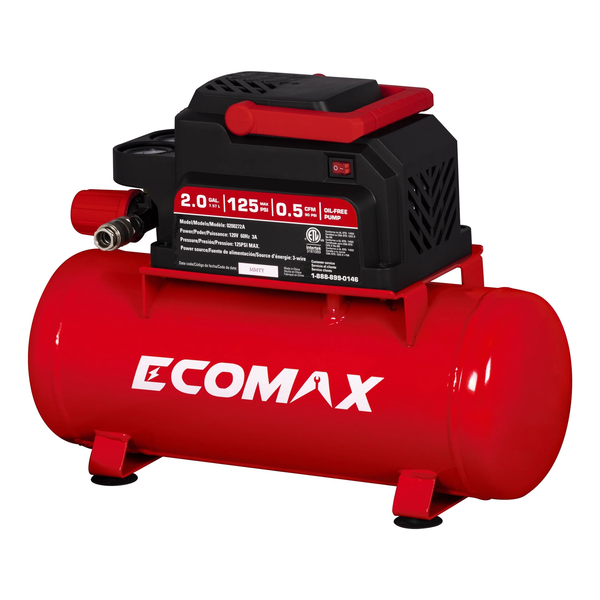 Ecomax 2 Gallon Portable Air Compressor, with Air Hose and Nozzles, 125 PSI 1/3 HP Oil-Free Electric for Home Garage & Shop
