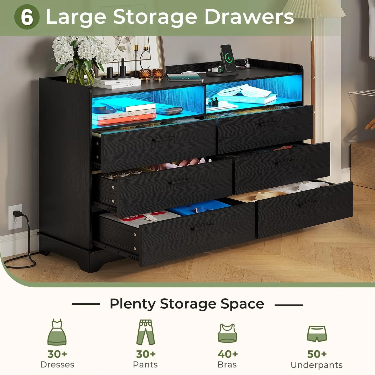 Hasuit 6 Drawers Dresser with LED Lights and Charging Station, Modern Storage Tower Dressers and Chests of Drawers and Open Cubby, Black