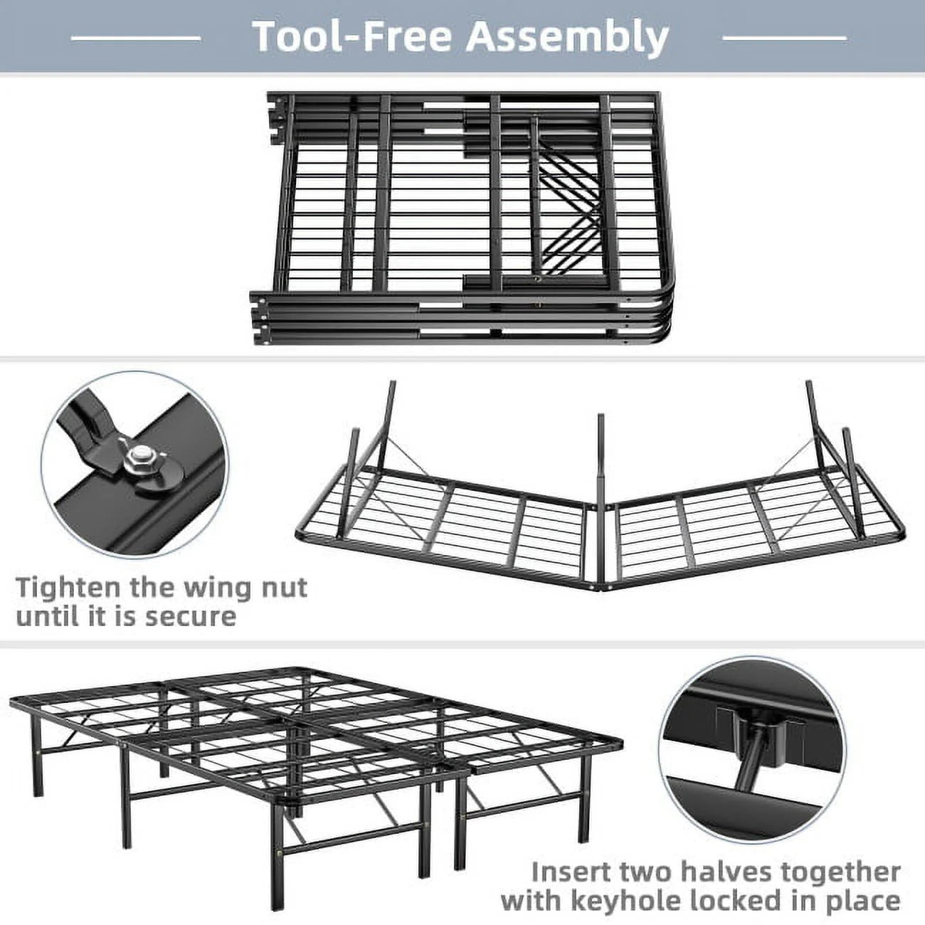 74" x 53" x 14" Foldable Metal Platform Bed Frame, No Box Spring Needed Steel Slats Support, 14 Inches High Under Bed Storage, Tool-free Assembly, Full Size