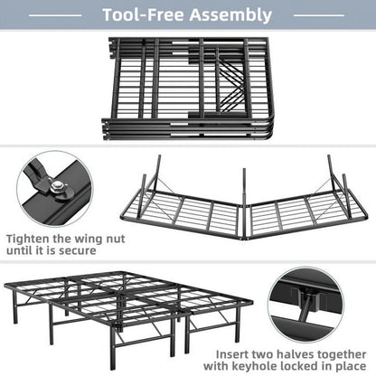 74" x 53" x 14" Foldable Metal Platform Bed Frame, No Box Spring Needed Steel Slats Support, 14 Inches High Under Bed Storage, Tool-free Assembly, Full Size