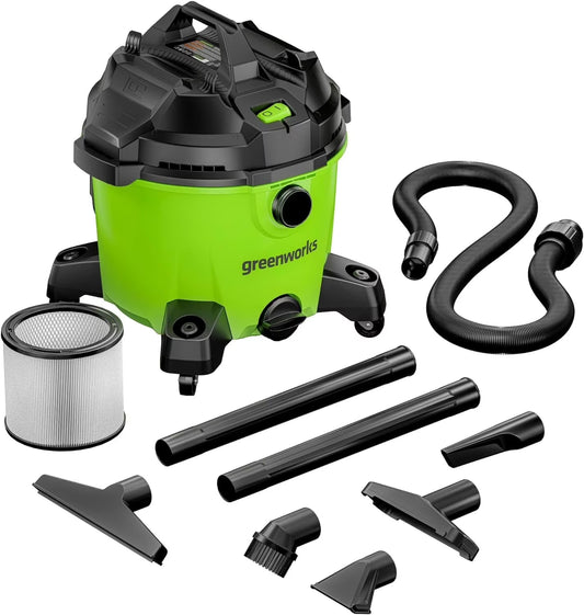 Greenworks 9 Gallon AC Wet/Dry Vacuum, Workshops Wheeled Cleaner with Washable HEPA Filter and Multiple Accessories for Hard Floor & Carpet