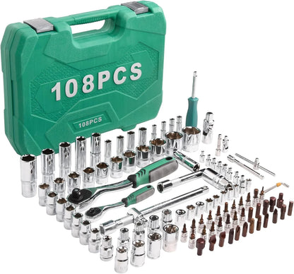 108pcs 1/2" 1/4" Socket and Drive Tool Set Mechanics Tools Kit Sockets Ratchet Wrench Set Metric Drive Socket Set, 1/2" 1/4" Drive Sizes with Plastic Toolbox
