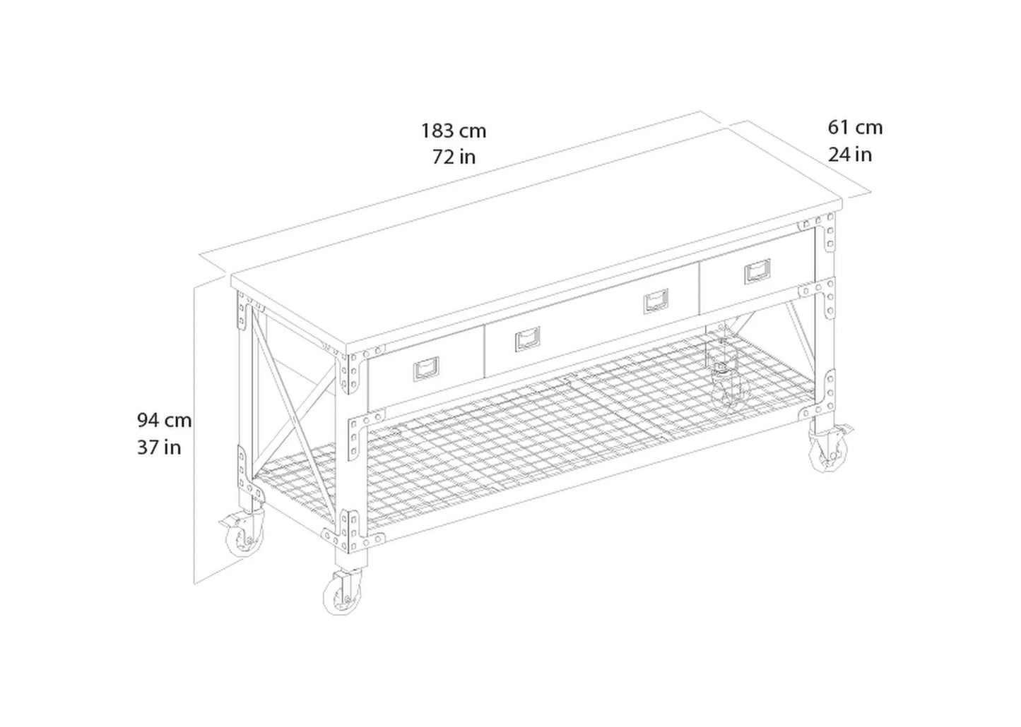 72 In x 24 In. 3 Drawer Rolling Industrial Workbench with Wood Top - Aged Macadamia