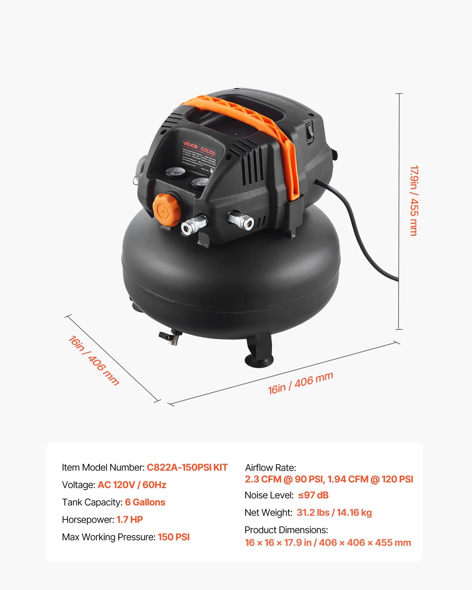 VEVOR 6 Gallon Air Compressor,1.7HP 2.3CFM@90PSI Portable Pancake Air Compressor & 150PSI Max Pressure, 12-Piece Accessory Kit with 25FT Air Hose for Tire Inflation, Spray Painting, Woodwork Nailing