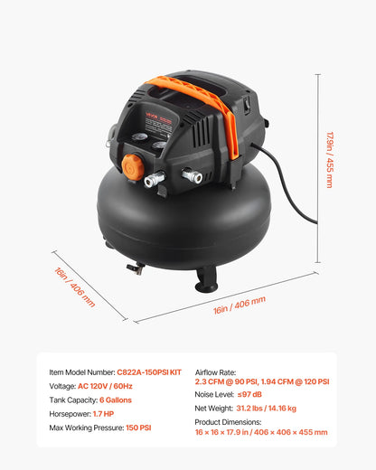VEVOR 6 Gallon Air Compressor,1.7HP 2.3CFM@90PSI Portable Pancake Air Compressor & 150PSI Max Pressure, 12-Piece Accessory Kit with 25FT Air Hose for Tire Inflation, Spray Painting, Woodwork Nailing